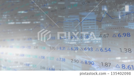 Projecting digital financial overlay across city skyline at dusk, with stock price fluctuations Projecting digital financial overlay across city skyline at dusk, with stock price fluctuations 135402098
