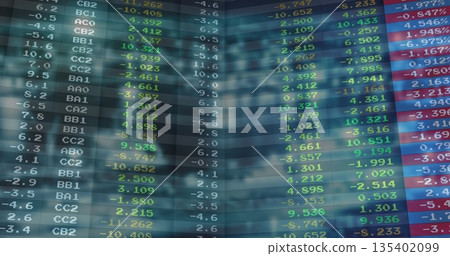 Digital ticker display showing ticker codes with colored percent changes at trading floor 135402099