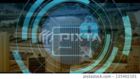 Displaying security UI circles over faded cityscape, with card outline and padlock icons Displaying security UI circles over faded cityscape, with card outline and padlock icons 135402101