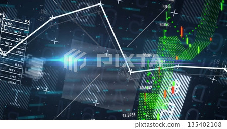 Displaying financial chart on trading dashboard, with white polyline and green candlestick bars Displaying financial chart on trading dashboard, with white polyline and green candlestick bars 135402108