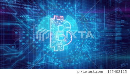 Radiating Bitcoin symbol sending neon pulses in blockchain with circuit lines, nodes, code streams 135402115