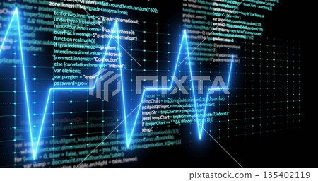 Pulsating bright cyan ECG waveform sweeping across virtual display, amid code snippets 135402119