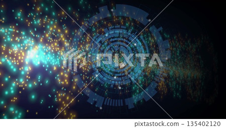 Displaying holographic circular interface glowing in virtual space, with flowing particle clusters 135402120