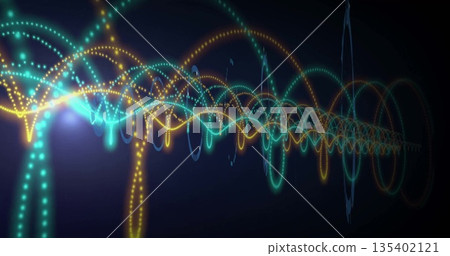 Displaying waveforms twisting in virtual space, with turquoise dotted arcs and yellow sine lines Displaying waveforms twisting in virtual space, with turquoise dotted arcs and yellow sine lines 135402121