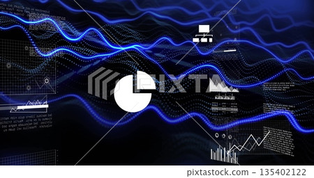 Flowing data stream moving sideways in digital interface, with pie chart, line graph, grid overlays Flowing data stream moving sideways in digital interface, with pie chart, line graph, grid overlays 135402122