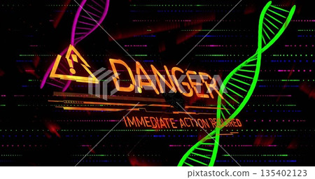 Displaying HUD on screen showing glowing DANGER icon IMMEDIATE ACTION REQUIRED neon DNA, copy space 135402123