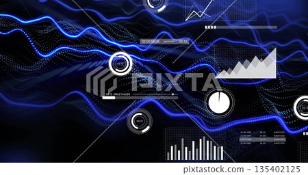 Undulating blue wavy data streams flowing across black digital space, with indicators and charts Undulating blue wavy data streams flowing across black digital space, with indicators and charts 135402125