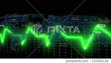 Neon-green ECG line pulsing across world map in dark grid interface, with hex-pattern overlays 135402126