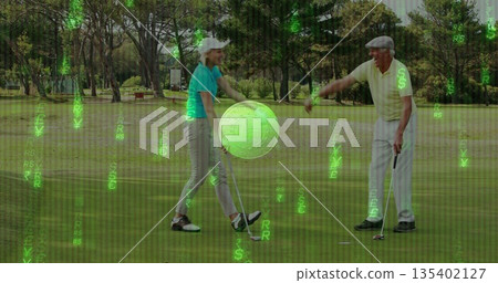 Exchanging fist bump golfing partners holding putters on golf course green, crypto coin matrix code 135402127