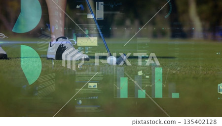 Aligning golfer's feet in athletic shoes with putter, golf ball on putting green, with data charts Aligning golfer's feet in athletic shoes with putter, golf ball on putting green, with data charts 135402128