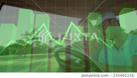 Golfers leaning over scorecard in cart on fairway, steering wheel, roof, chart overlay, copy space Golfers leaning over scorecard in cart on fairway, steering wheel, roof, chart overlay, copy space 135402138