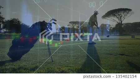 Senior golfer aligning driver on golf fairway, with cap, golf bag and chart overlay, copy space Senior golfer aligning driver on golf fairway, with cap, golf bag and chart overlay, copy space 135402154