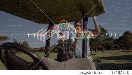 Golfer wearing polo shirt, cap adjusting golf cart roof at golf course, with bag, waveform charts Golfer wearing polo shirt, cap adjusting golf cart roof at golf course, with bag, waveform charts 135402158