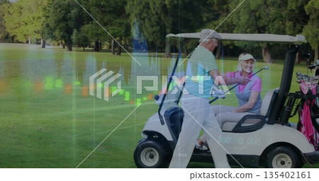Couple navigating white golf cart on course, wearing caps, with candlestick overlay, copy space Couple navigating white golf cart on course, wearing caps, with candlestick overlay, copy space 135402161