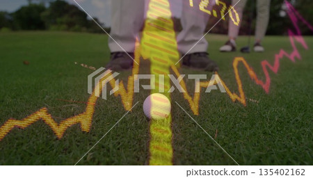 Displaying golf ball resting on trimmed green at golf course fairway, with digital chart overlay Displaying golf ball resting on trimmed green at golf course fairway, with digital chart overlay 135402162