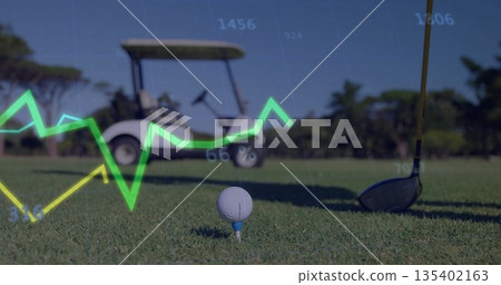 Displaying golf ball resting on blue tee at golf course fairway, showing driver club, chart overlay 135402163