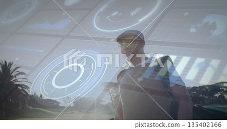 Chinese golfer in polo analyzing holographic data, carrying golf bag on fairway, copy space 135402166