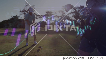 Aiming golfer adjusting driver at ball on fairway, with bag and stats overlay, copy space Aiming golfer adjusting driver at ball on fairway, with bag and stats overlay, copy space 135402171