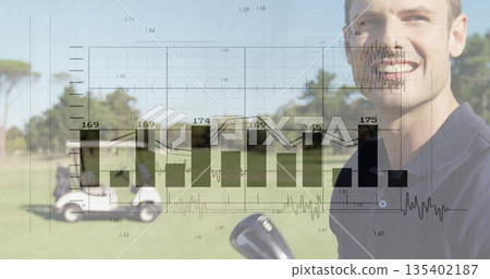 Golfer wearing polo shirt holding club head on fairway, with chart and graph overlay, copy space 135402187