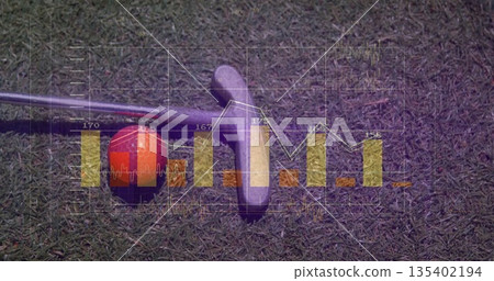 Silver club head striking red-striped golf ball on green turf, with analytics chart overlay Silver club head striking red-striped golf ball on green turf, with analytics chart overlay 135402194