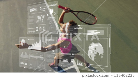 Female tennis player in pink top tossing ball, swinging racket on hard court, with digital overlays Female tennis player in pink top tossing ball, swinging racket on hard court, with digital overlays 135402223