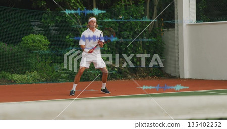 Holding tennis racket, tennis player wearing white shirt on red court, with audio-waveform overlays Holding tennis racket, tennis player wearing white shirt on red court, with audio-waveform overlays 135402252