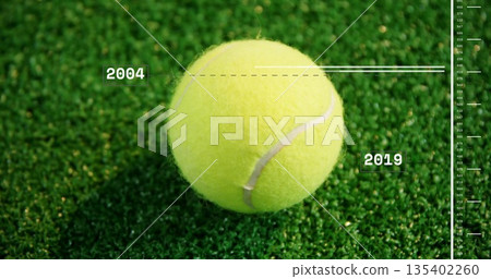 Resting tennis ball displaying 2004 and 2019 labels on artificial turf, measurement scale visible Resting tennis ball displaying 2004 and 2019 labels on artificial turf, measurement scale visible 135402260