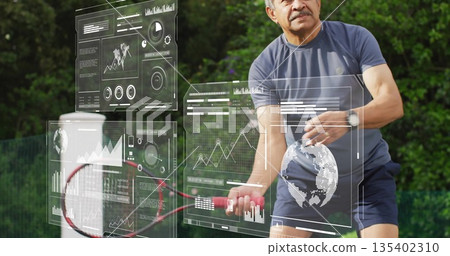 Swinging senior man in sportswear holding racket on tennis court, holographic panels, copy space Swinging senior man in sportswear holding racket on tennis court, holographic panels, copy space 135402310