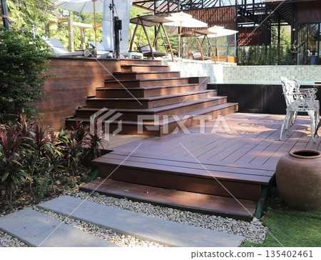 Stairway built from Artificial wood material, modern outdoor design Stairway built from Artificial wood material, modern outdoor design 135402461