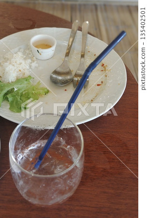 Plates and glasses left after meals, food finished Plates and glasses left after meals, food finished 135402501