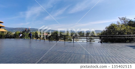 Large wooden balcony overlooking scenic landscape and beautiful view, AI Generated Large wooden balcony overlooking scenic landscape and beautiful view, AI Generated 135402515