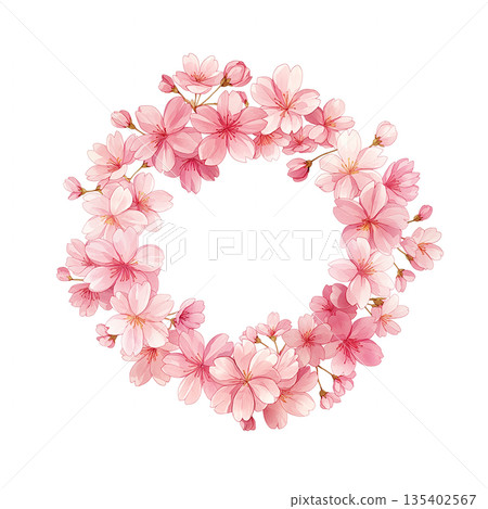 Gentle spring flower frame, round frame illustration, spring flower background, simple template, spring atmosphere, production material 135402567