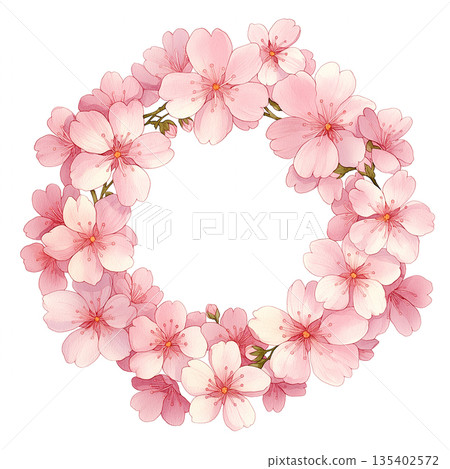 Round frame material decorated with spring-like flowers. Natural background illustration. Simple decoration. Floral decoration. Design parts. 135402572