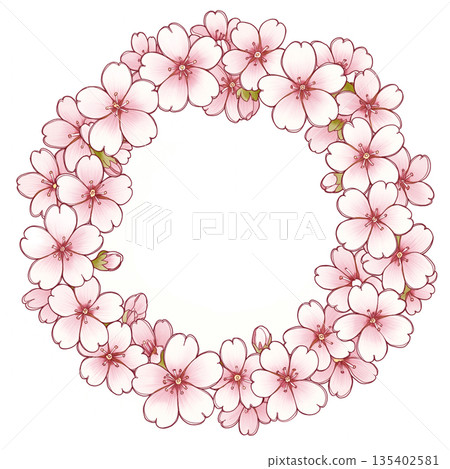 Round frame material decorated with spring-like flowers. Natural background illustration. Simple decoration. Floral decoration. Design parts. 135402581