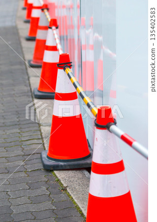 Traffic cones installed at a construction site Traffic cones installed at a construction site 135402583