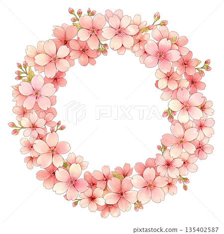 Frame illustration material surrounded by spring flowers. Flower wreath background image. Simple spring-like frame decoration. Create a seasonal feel. 135402587