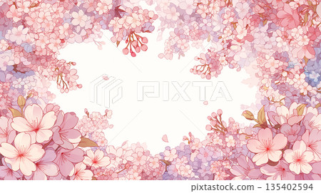 Gentle spring flower frame, round frame illustration, spring flower background, simple template, spring atmosphere, production material 135402594