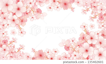 柔和春花邊框，圓形邊框插圖，春花背景，簡約模板，春日氛圍，製作素材 135402601