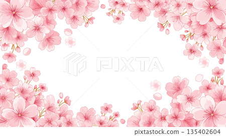 春季花卉邊框插畫套裝，留白設計。裝飾素材。背景模板。優雅柔和。 135402604