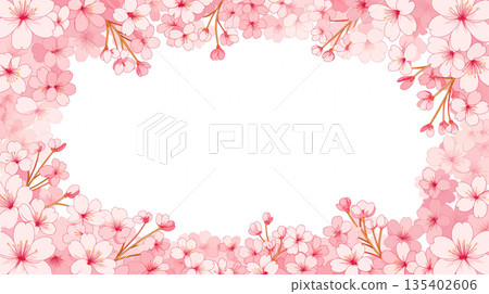 春季花卉邊框插畫套裝，留白設計。裝飾素材。背景模板。優雅柔和。 135402606