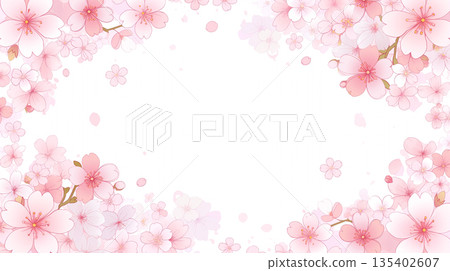 春季花卉邊框插畫套裝，留白設計。裝飾素材。背景模板。優雅柔和。 135402607