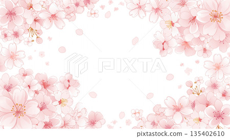 春季花卉邊框插畫套裝，留白設計。裝飾素材。背景模板。優雅柔和。 135402610