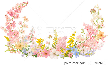 Frame material decorated with spring flowers, wreath, background, white background, simple, natural, illustration, design material 135402615