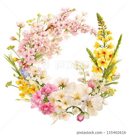 Frame material decorated with spring flowers, wreath, background, white background, simple, natural, illustration, design material 135402616