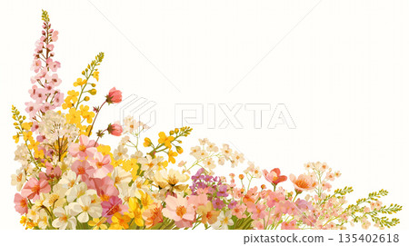 Frame material decorated with spring flowers, wreath, background, white background, simple, natural, illustration, design material 135402618