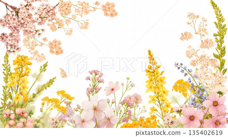 Frame material decorated with spring flowers, wreath, background, white background, simple, natural, illustration, design material 135402619