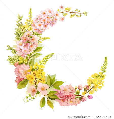 Round frame material decorated with spring-like flowers. Natural background illustration. Simple decoration. Floral decoration. Design parts. 135402623