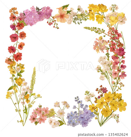 Round frame material decorated with spring-like flowers. Natural background illustration. Simple decoration. Floral decoration. Design parts. 135402624