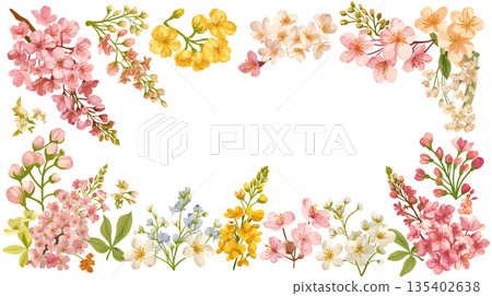 Wreath-style design material featuring spring flowers Frame Background Spring season feeling Natural Natural Atmosphere Gentle 135402638