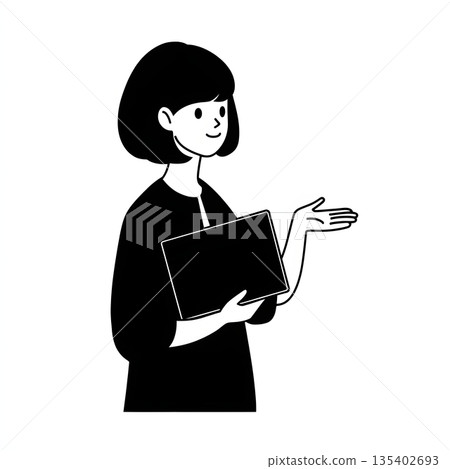 圖解：一位女士正在講解如何使用平板電腦或筆記型電腦。圖片內容包括指導、諮詢和線上支援。 135402693